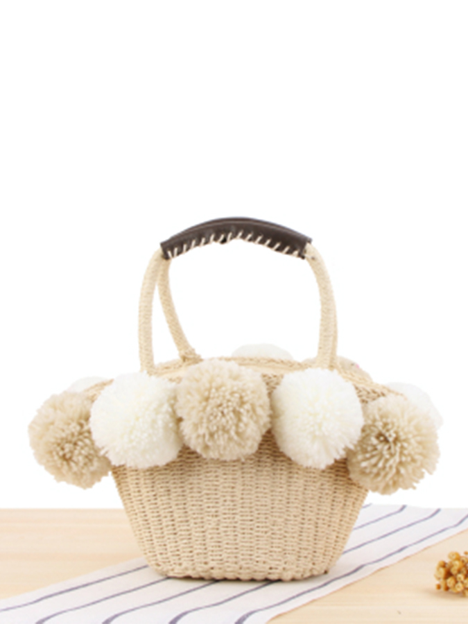 Contrasting color large wool ball straw woven bag hand carry woven beach bag