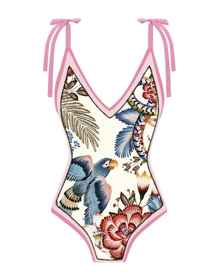 Vintage Colorblock Floral Print One-Piece Swimsuit Set