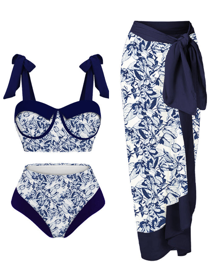 Vintage Colorblock Print Swimsuit Set