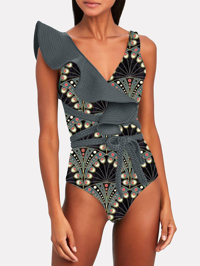 Deep V-Neck Print Ruffle One-Piece Swimsuit