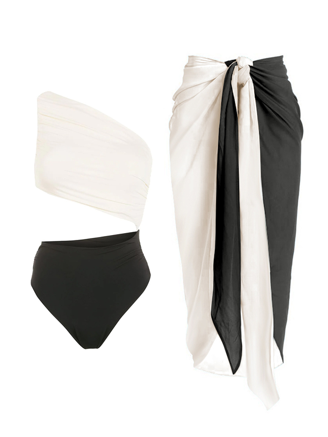 Black & White Color Block One Shoulder One-Piece Swimsuit And Cover Up