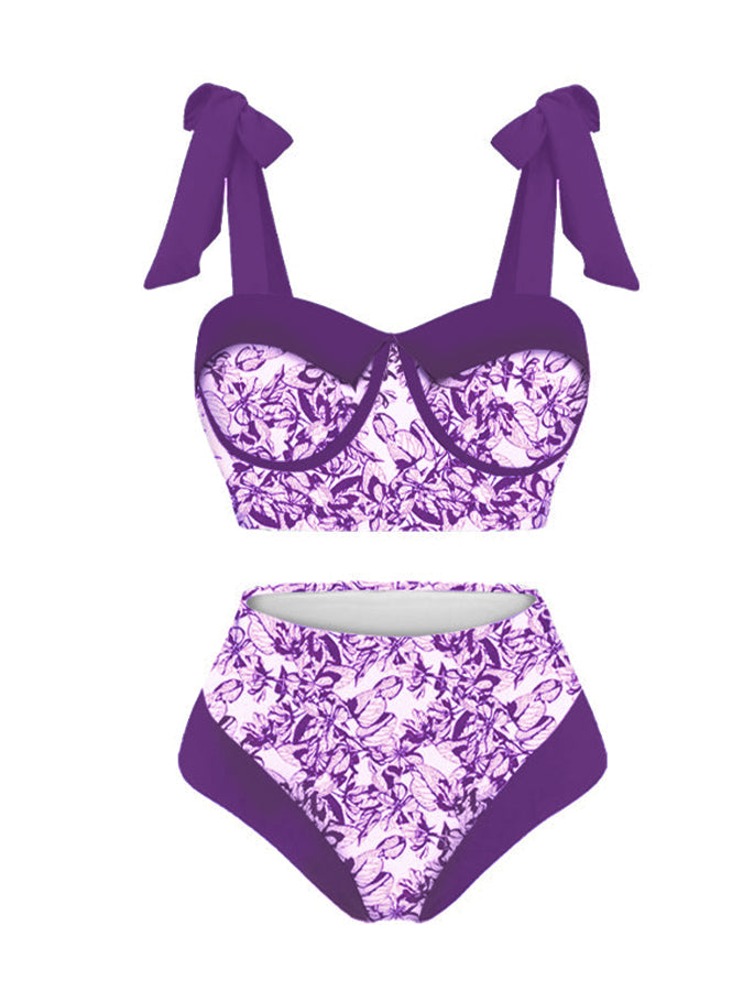 Vintage Colorblock Print Swimsuit Set