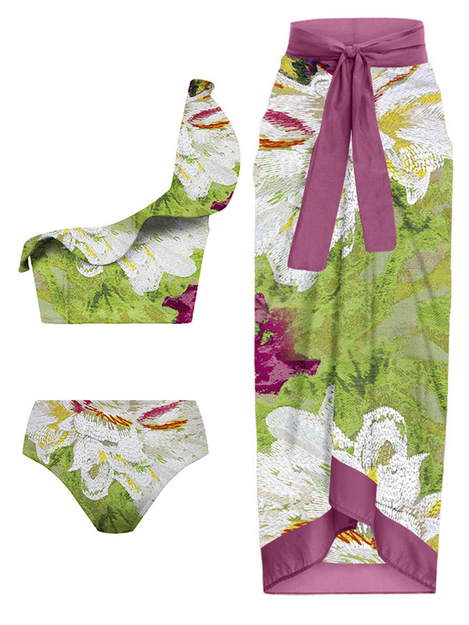 Printed One-Shoulder Ruffle Fashion Swimsuit & Cover up