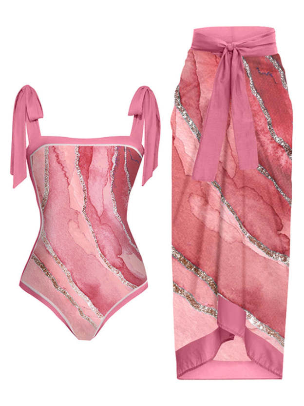 Vintage Fashion Colorblock Print One Piece Swimsuit Set