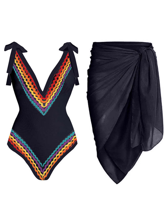 Vintage Colorblock Ethnic Striped Print One-Piece Swimsuit Set