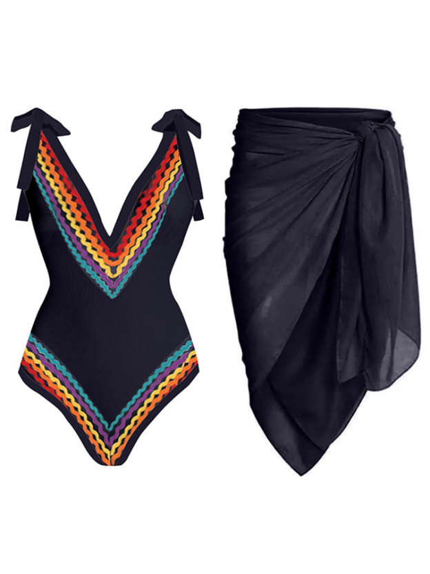Vintage Colorblock Ethnic Striped Print One-Piece Swimsuit Set