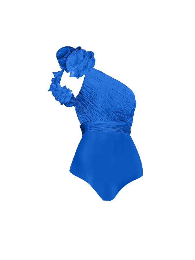 Solid Color One-Shoulder Wood Ear Trim One-Piece Swimsuit