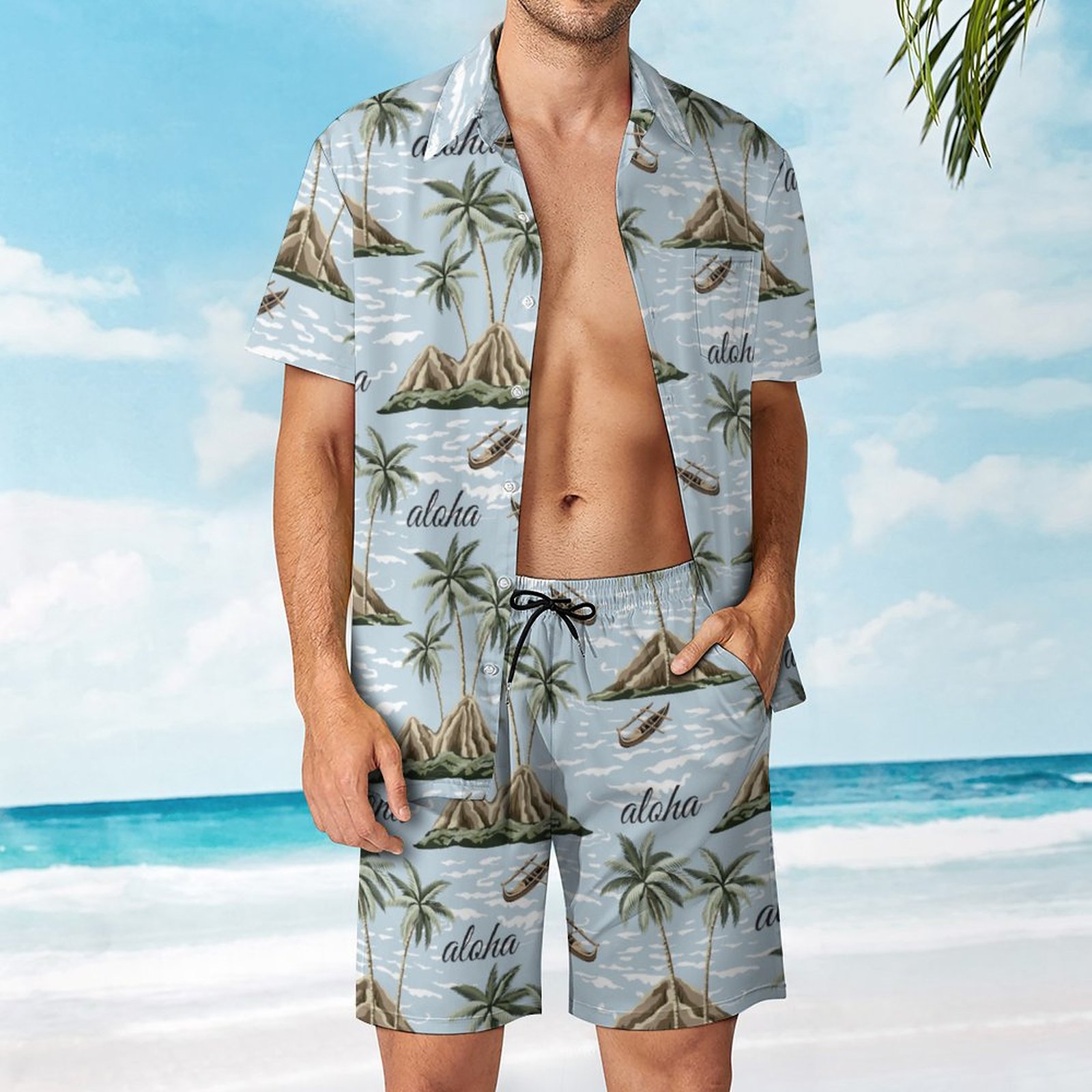 Men's Hawaiian Print Beach Two-Piece Suit 2304102641