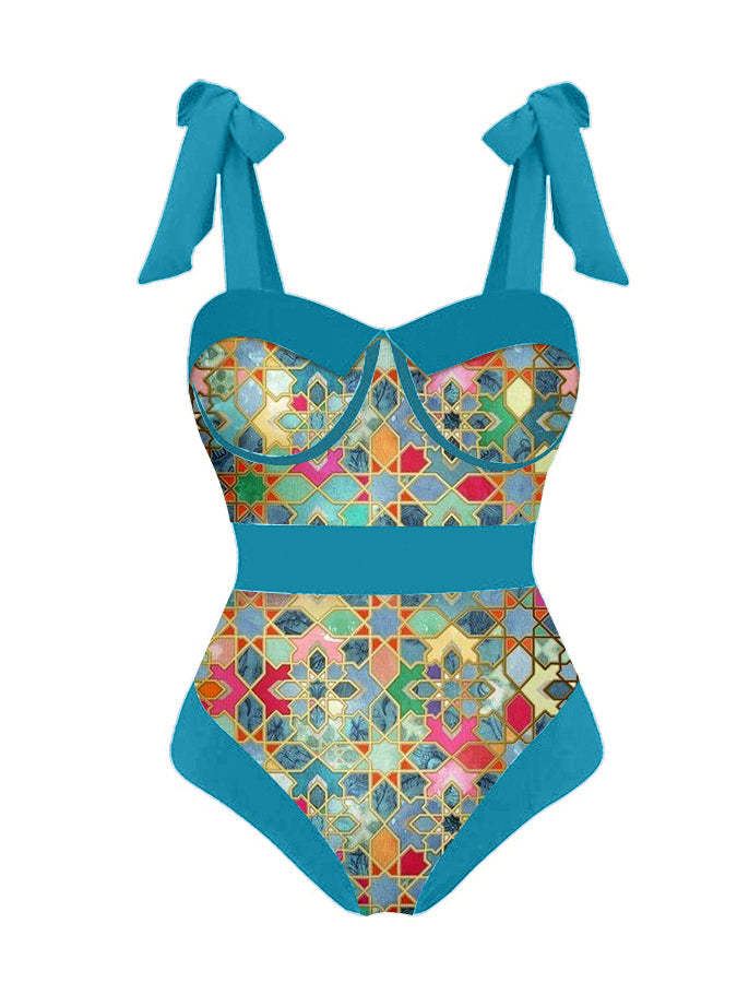 Vintage Colorblock Ethnic Print Swimsuit Set