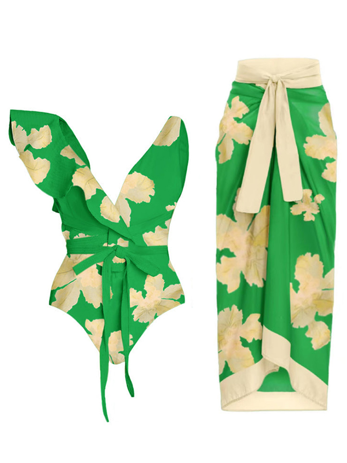 Deep V Ruffled Floral Print Swimsuit Set