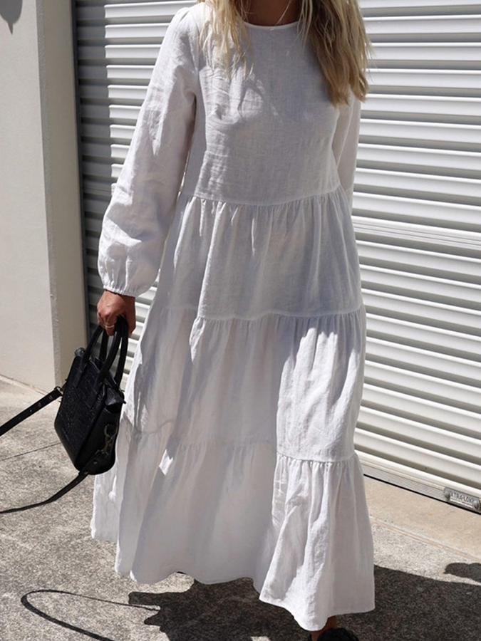 White Long Sleeves Solid Round Neck Maxi Dress