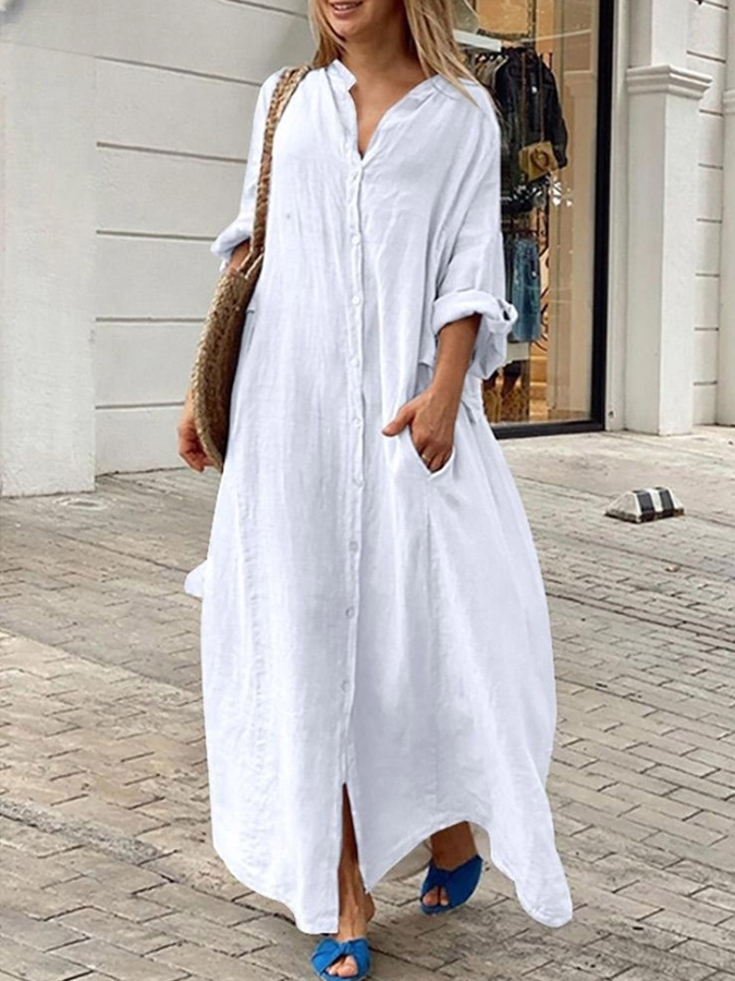 Long Sleeves Solid Shirt Collar Buttoned Maxi Dress