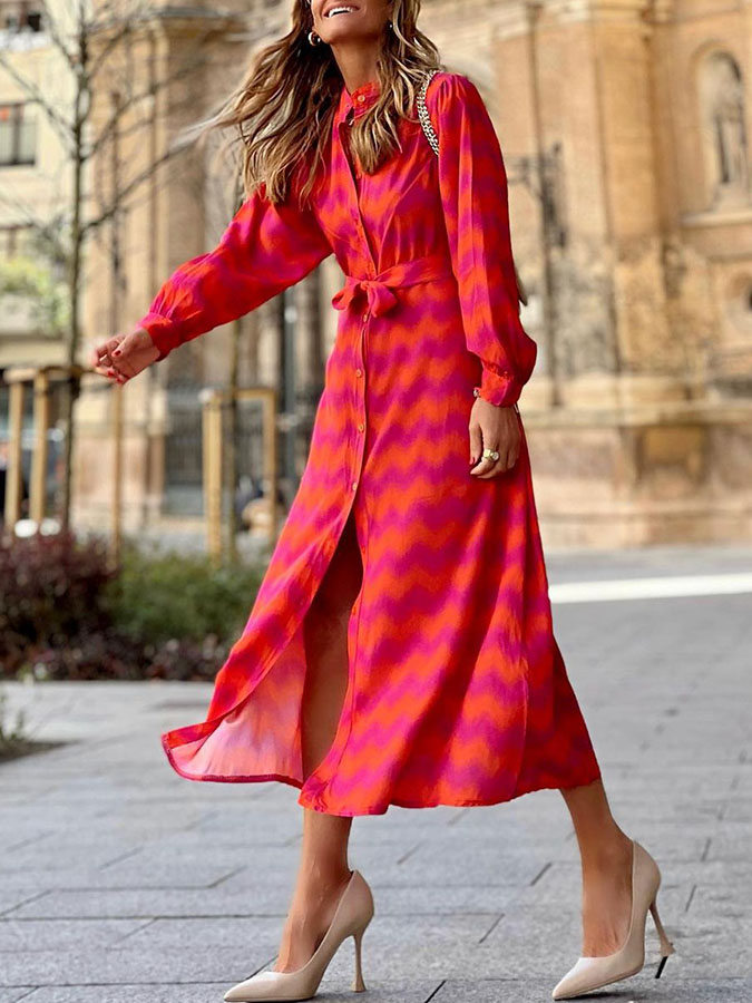 Long Sleeves Geometric Printed Lace-up Shirt Collar Maxi Dress