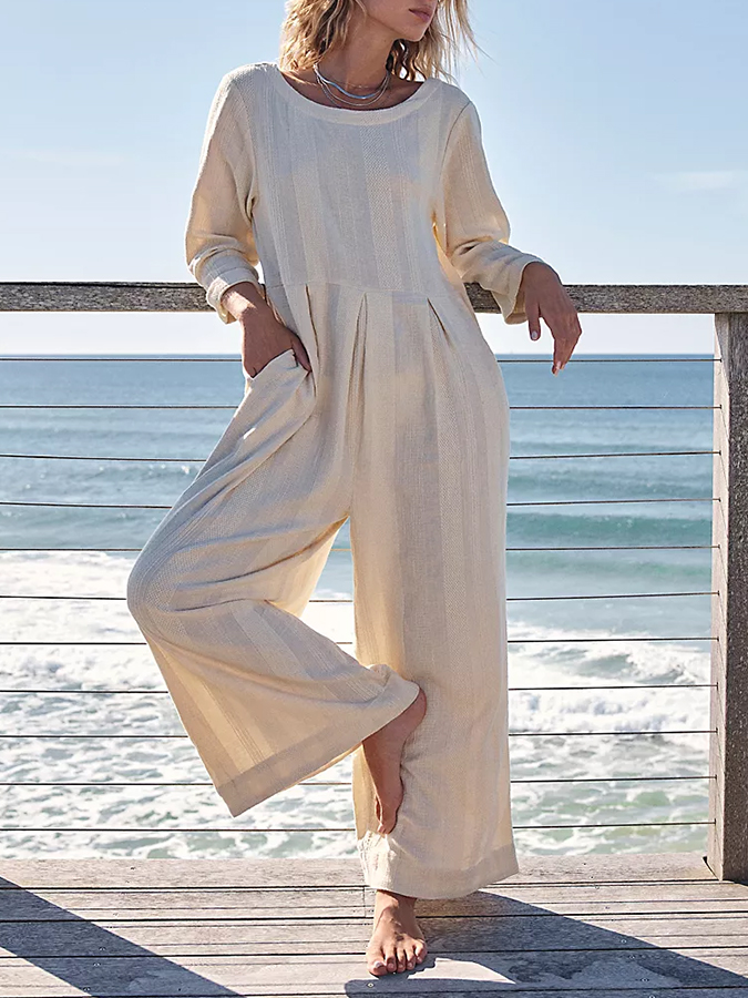 Long Sleeves Solid Pockets Wide-leg Pants Jumpsuits