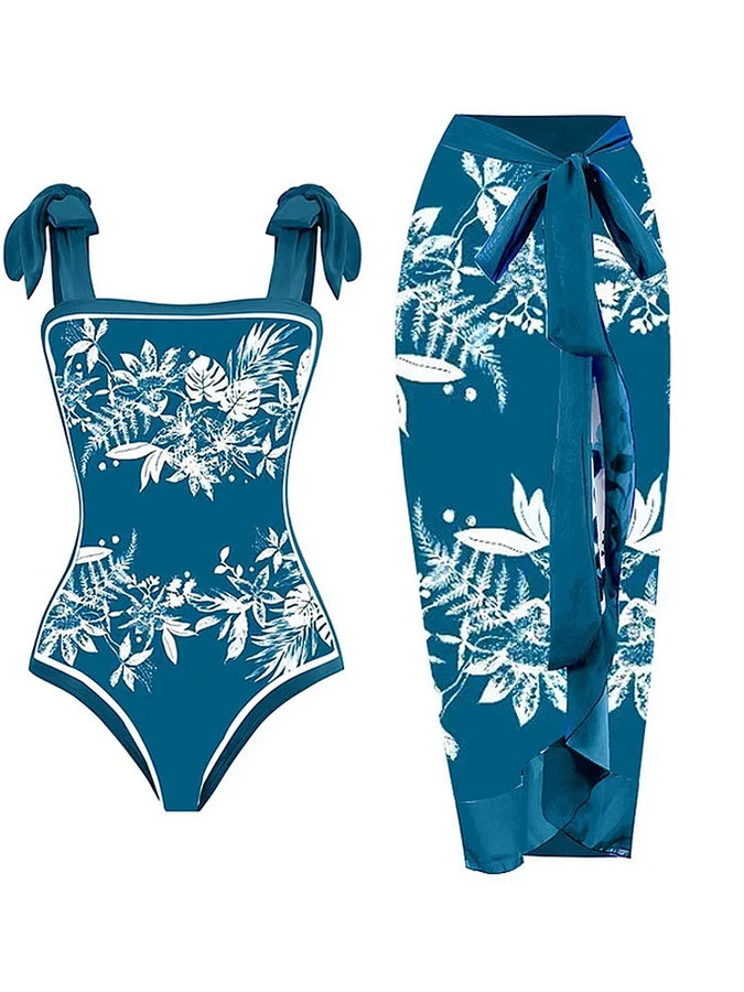 Tie-shoulder Printed One Piece Swimsuit and Sarong