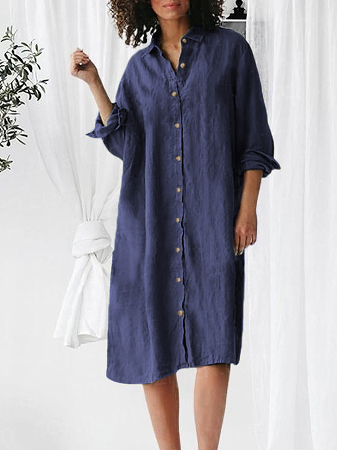 Long Sleeves Solid Buttoned Cotton-linen Midi Dress