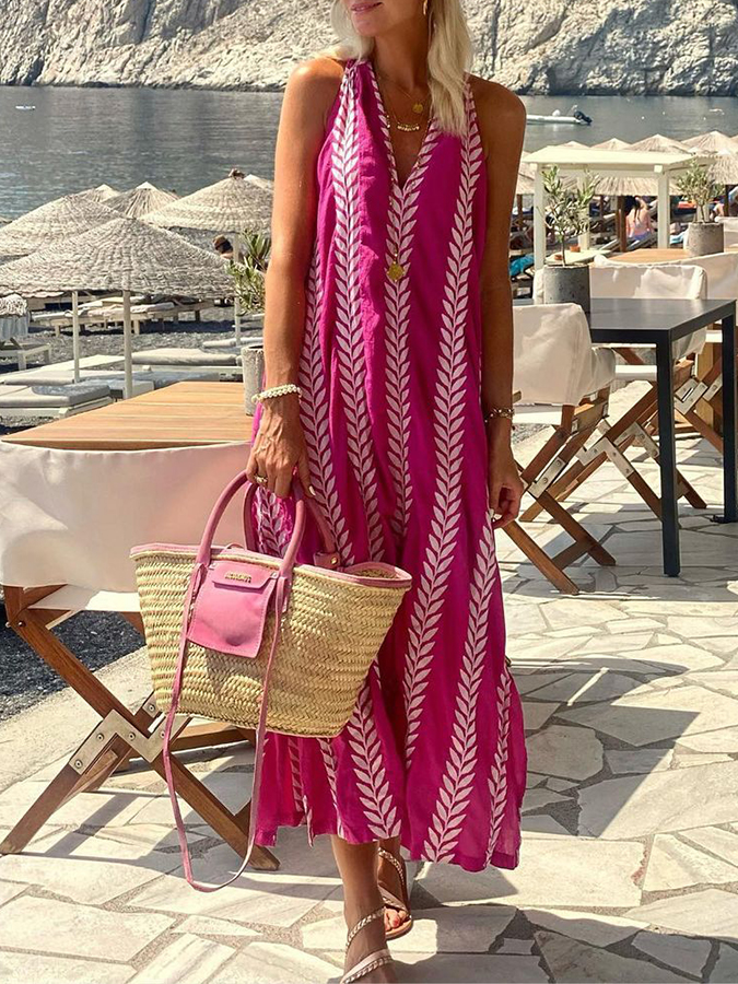 V Neck Sleeveless Printed Maxi Dress