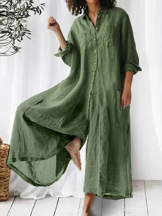 Long Sleeves Solid Wide-leg Pants Shirt Collar Jumpsuit