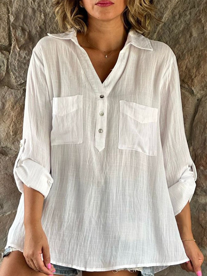 Long Sleeves Buttoned Solid Cotton-linen Blouses