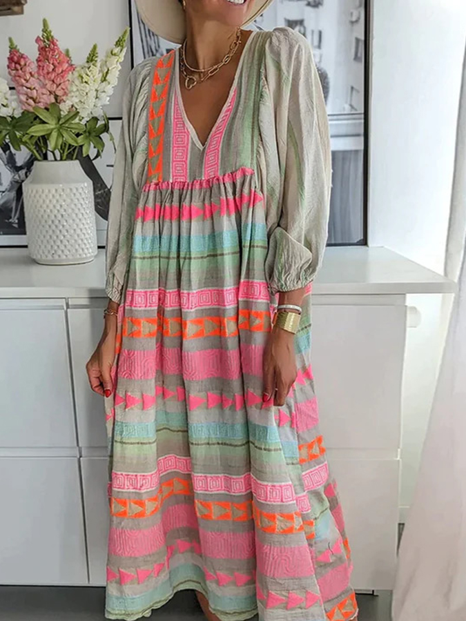 Puff Long Sleeves V Neck Colorful Maxi Dress