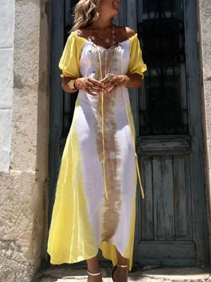 V Neck Short Sleeves Printed Asymetrical  Holiday Maxi Dress