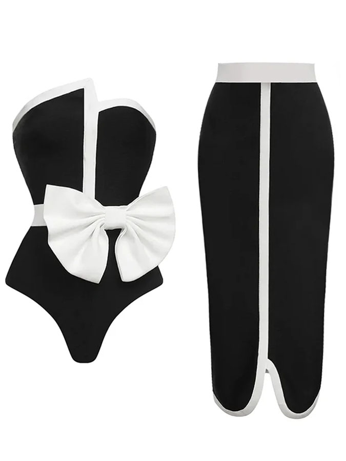 Off Shoulder Bow Tie One Piece Swimsuit and Skirt