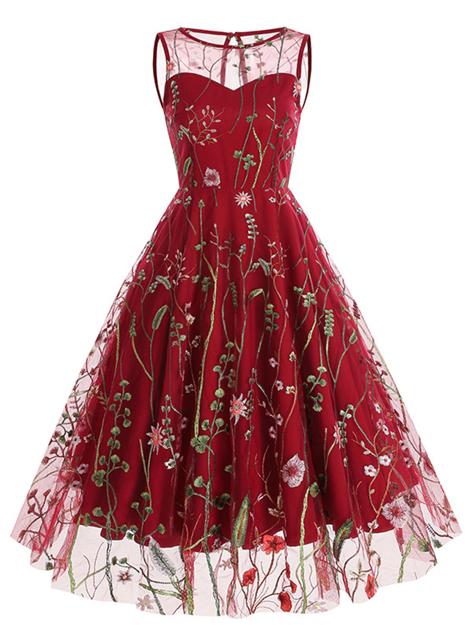 Round Collar Sleeveless Embroidery Party Dress