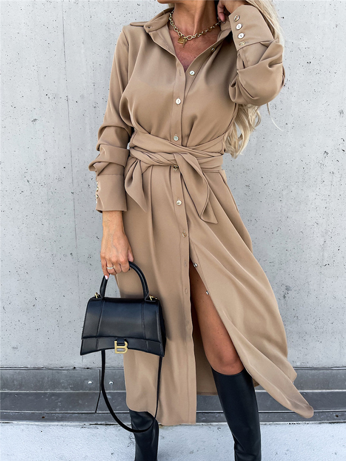 Shirt Collar Long Sleeves Solid Buttoned Maxi Dress