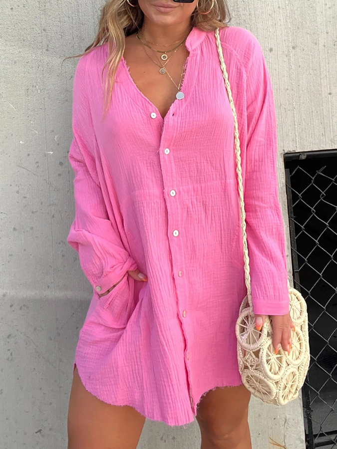 Pink Buttoned Loose Tunic Dress