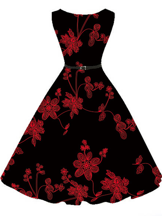 Vintage Floral Printed Hepburn style Swing Dress with Belt