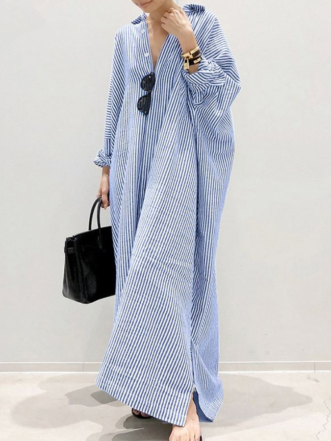 Long Sleeves Stripes Loose Maxi Shirt Dress