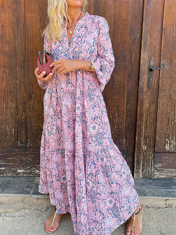 Pink V Neck Long Sleeves Floral Printed Maxi Dress