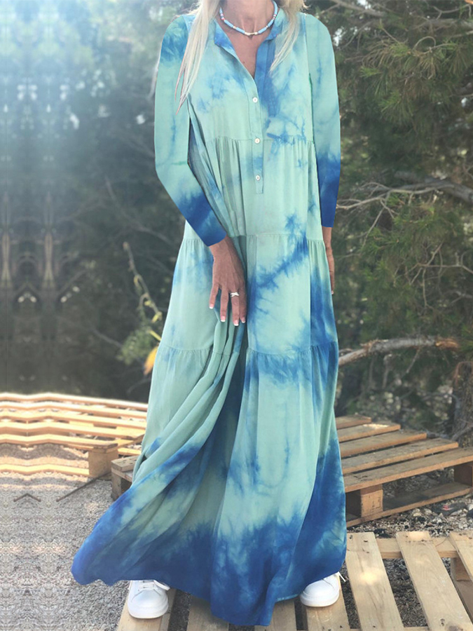 Long Sleeves V Neck Tie-dyed Maxi Dress