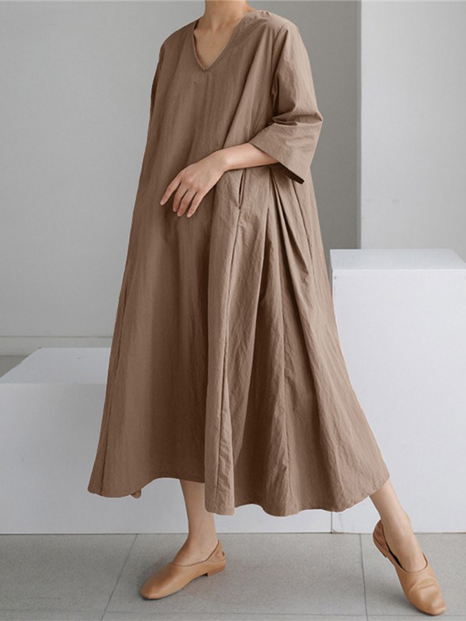 3/4 Sleeves V Neck Solid Loose Cotton-linen Maxi Dress
