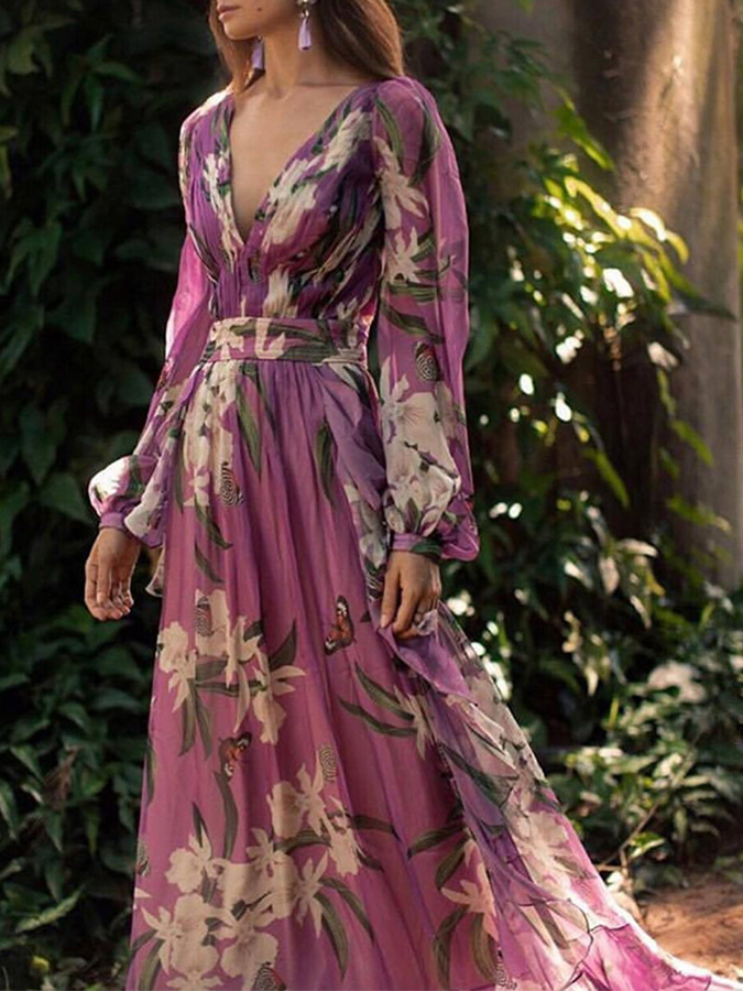 Long Sleeves Floral V Neck Printed Maxi Dress
