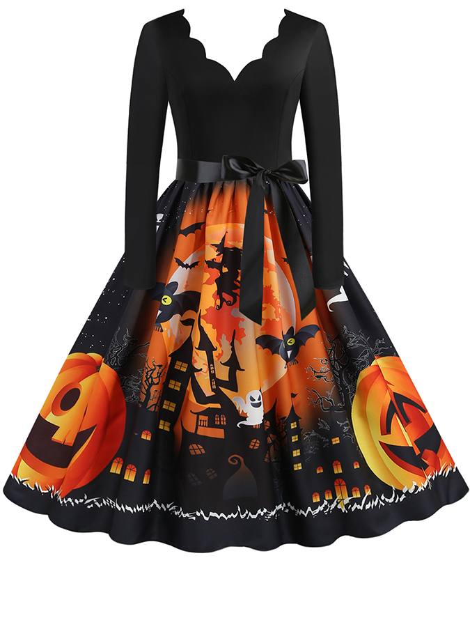 Halloween Long Sleeves Printed Swing Dress