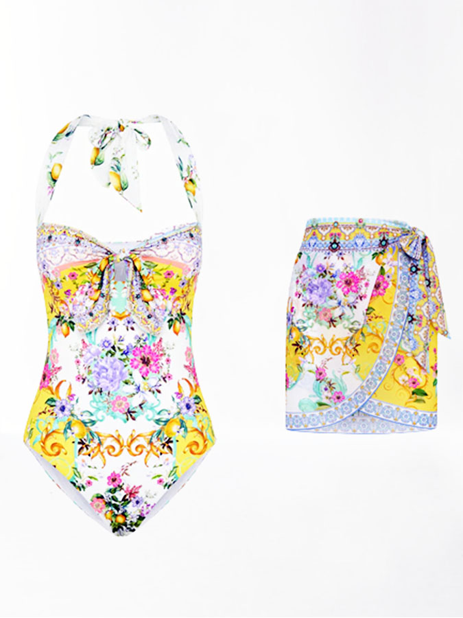 Tie Front Halter Neck One Piece and Cover-up