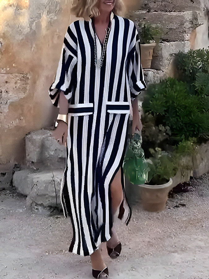 Stripes 3/4 Sleeves Pockets Slit Maxi Dress