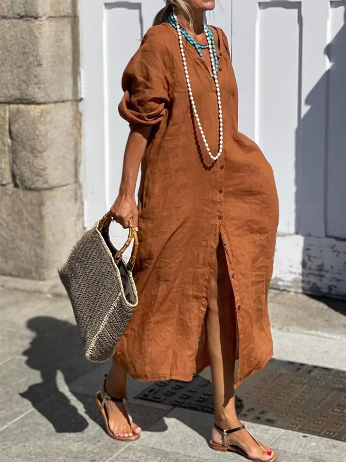 Long Sleeves Buttoned Loose Solid  Maxi Shirt Dress