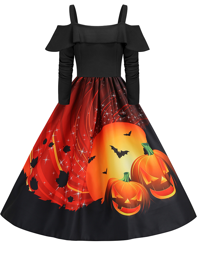 Halloween Long Sleeves Printed Swing Dress