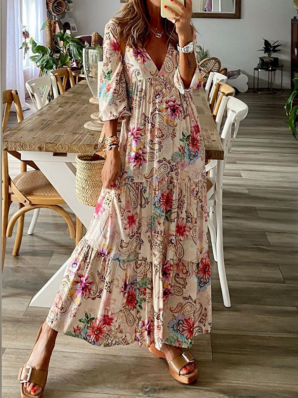 V Neck Long Sleeves Floral Printed Maxi Dress