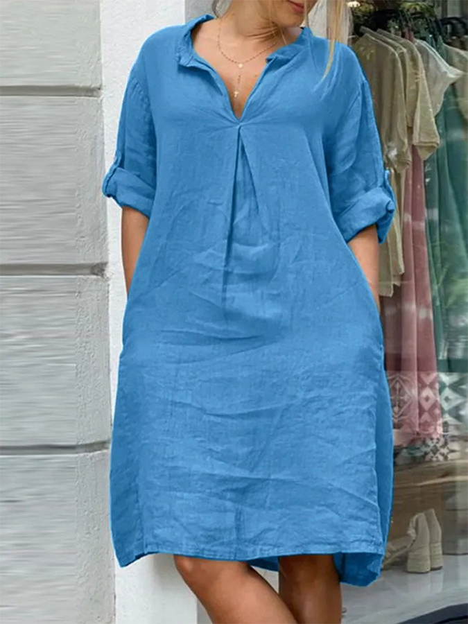 Solid Long Sleeves V Neck Cotton-blend Midi Dress