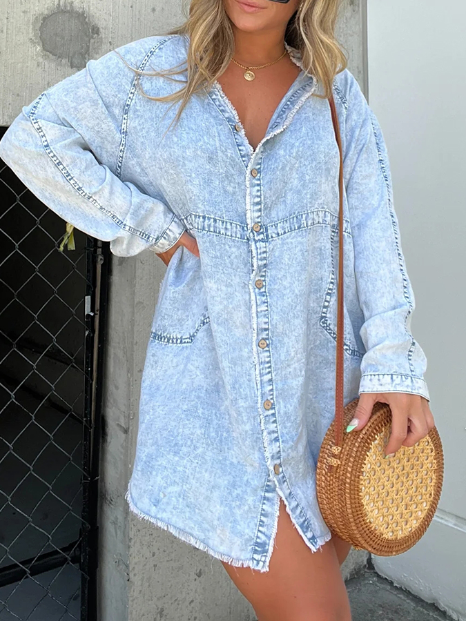 Long Sleeves Denim Washed Buttoned Tunic Dress