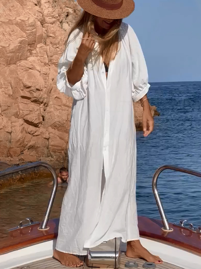 White Half Sleeves Solid Loose Maxi Dress