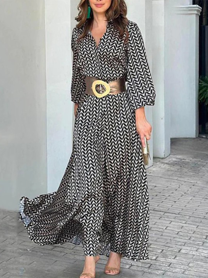 Black Geometric Printed Long Sleeves Maxi Dress