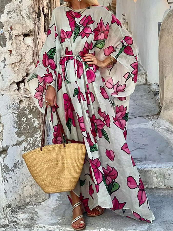 Floral Printed Round Neck Loose Lace-up Maxi Dress