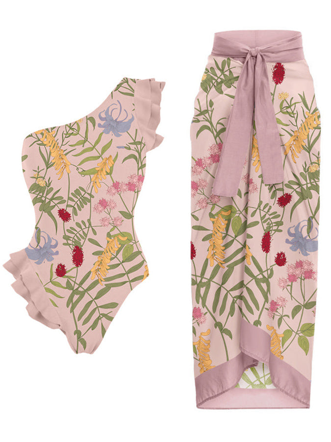 One-Shoulder Ruffled Printed Swimsuit Set