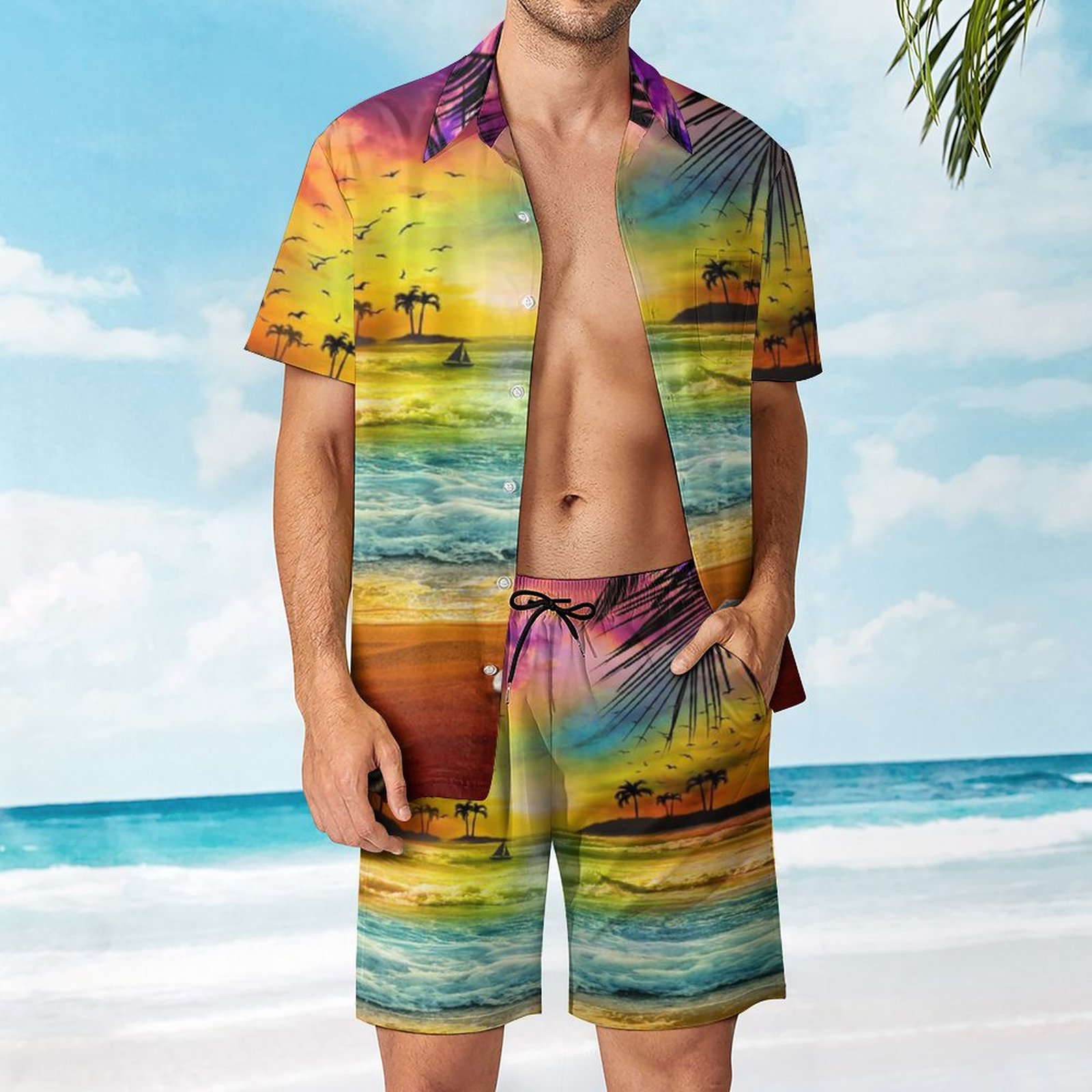 Men's Hawaiian Print Beach Two-Piece Suit 2304108714
