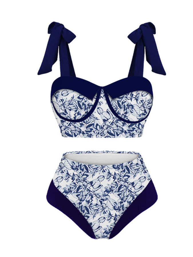 Vintage Colorblock Print Swimsuit Set