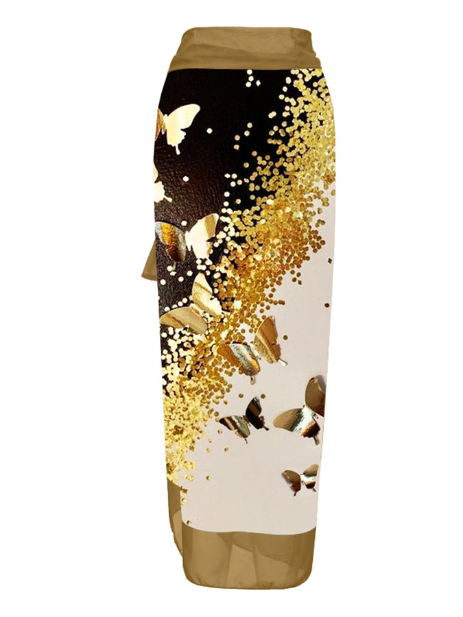 V-Neck Colorblock Butterfly Print One-Piece Swimsuit Set